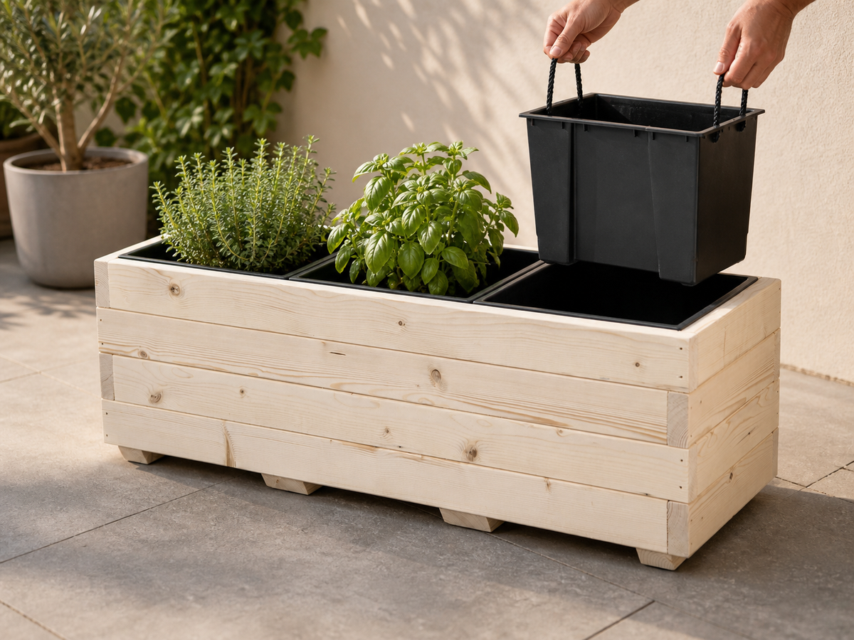 Naturel houten plantenbak van Plant&bak met drie uitneembare zwarte binnenbakken, waarvan één wordt opgetild