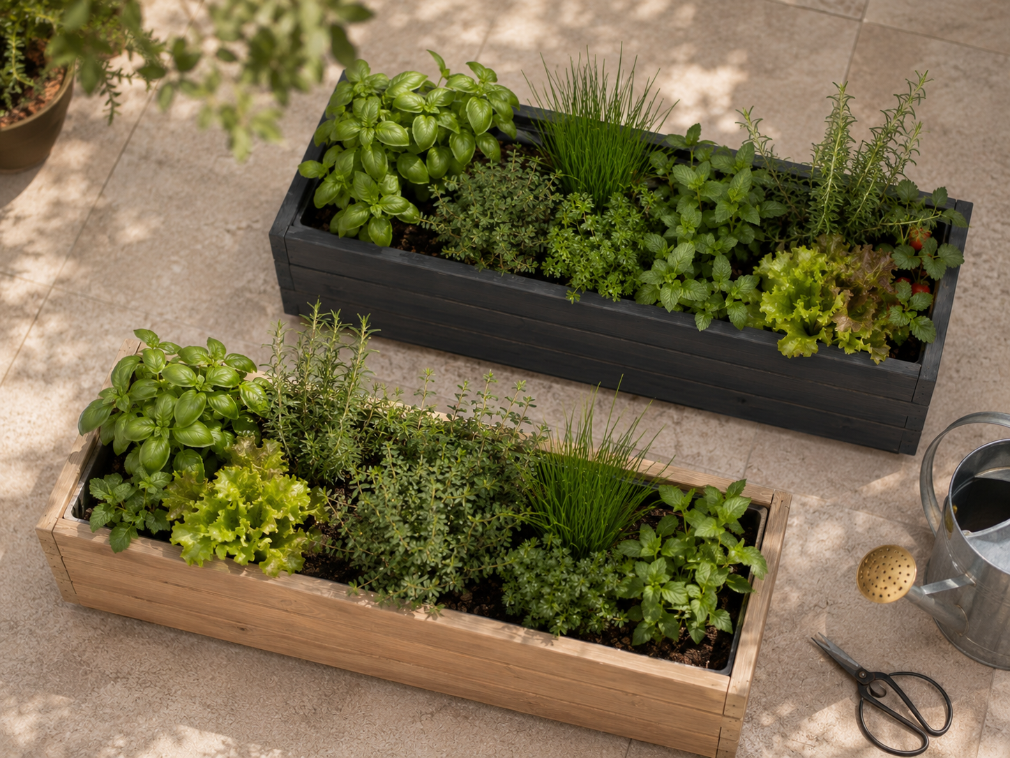 Grote houten plantenbak met kruiden in antraciet en naturel