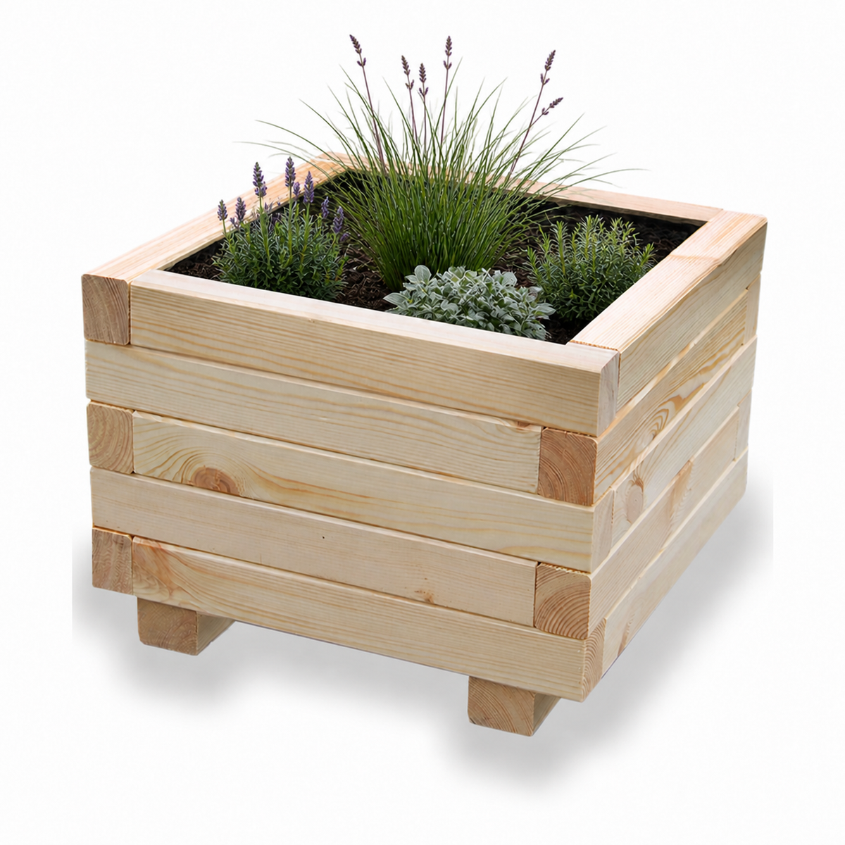 Houten plantenbak vierkant 40 cm naturel met rustige beplanting