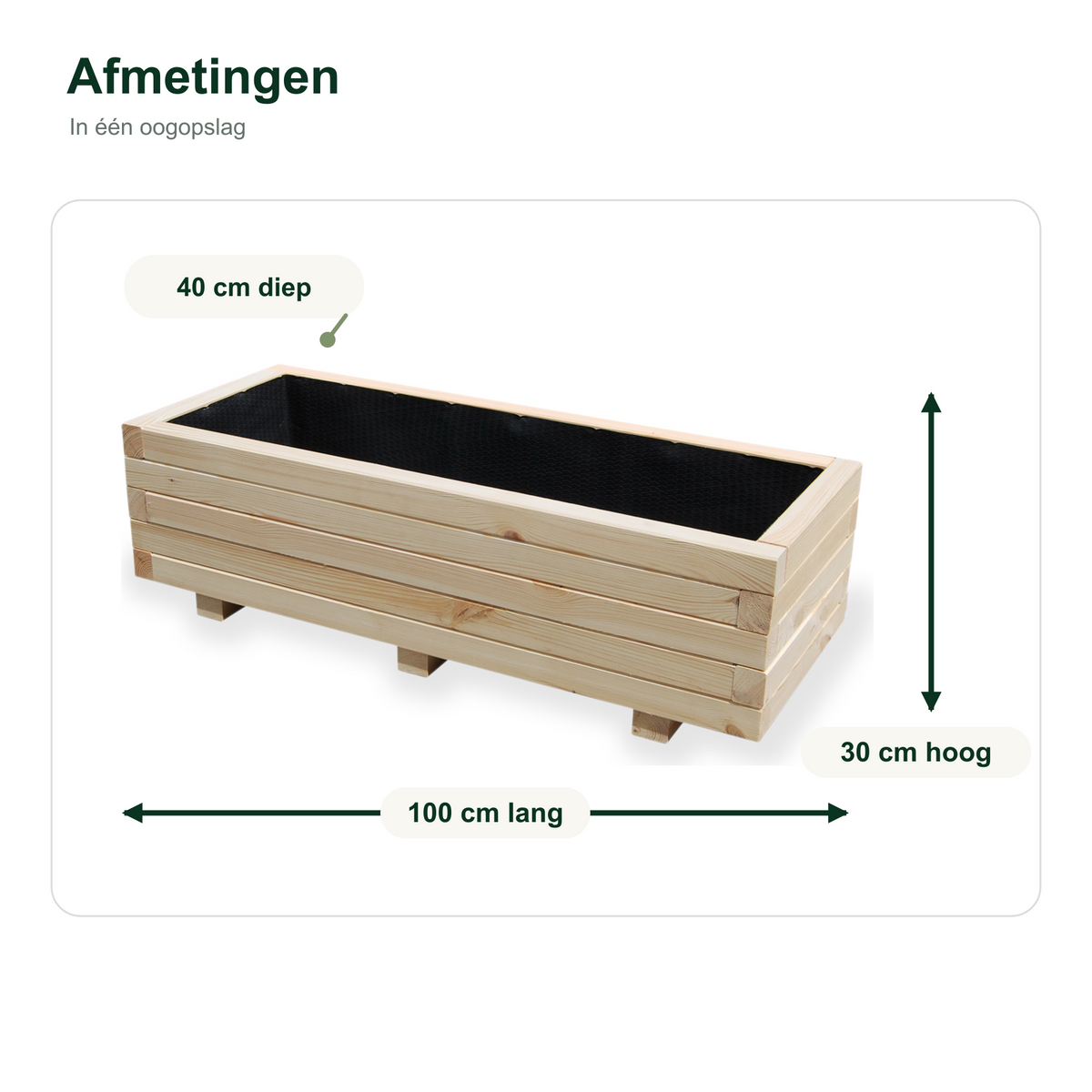 Afmetingen houten plantenbak 100 bij 40 bij 30 cm naturel