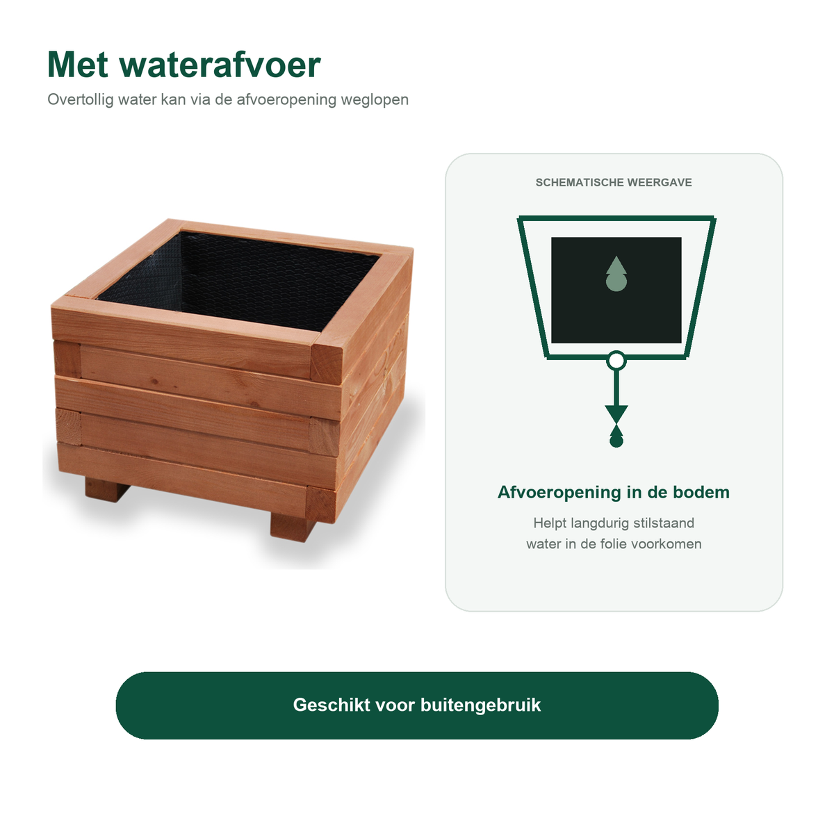 Houten plantenbak vierkant 40 cm walnoot met waterafvoer