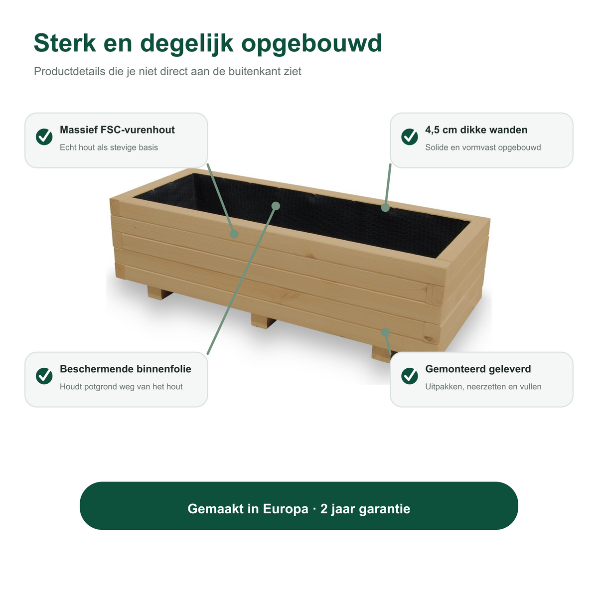 Constructie en Europese herkomst van de houten plantenbak 100 cm light oak