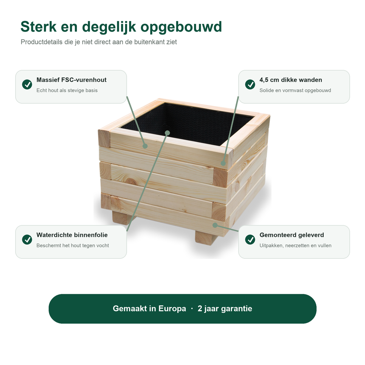 Constructie en Europese herkomst van de houten plantenbak 40 cm naturel