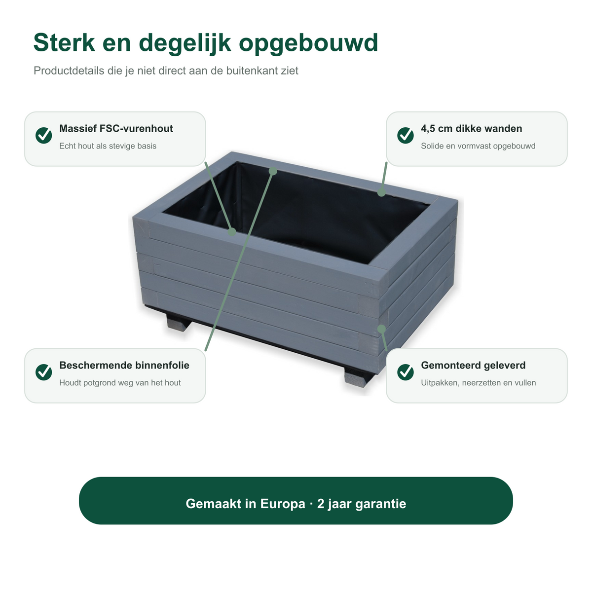 Constructie en Europese herkomst van de houten plantenbak 60 cm antraciet