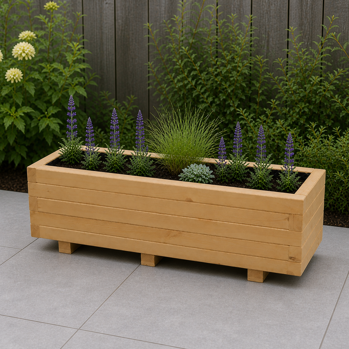 Houten plantenbak 100 cm light oak in een rustige tuinsituatie