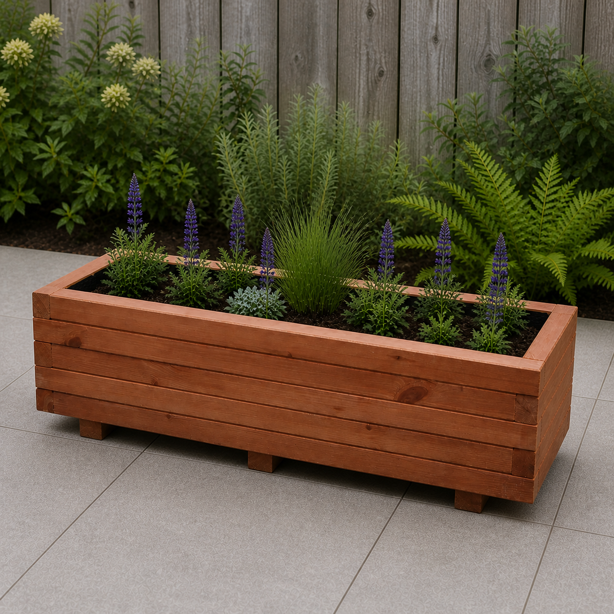 Houten plantenbak 100 cm walnoot in een rustige tuinsituatie