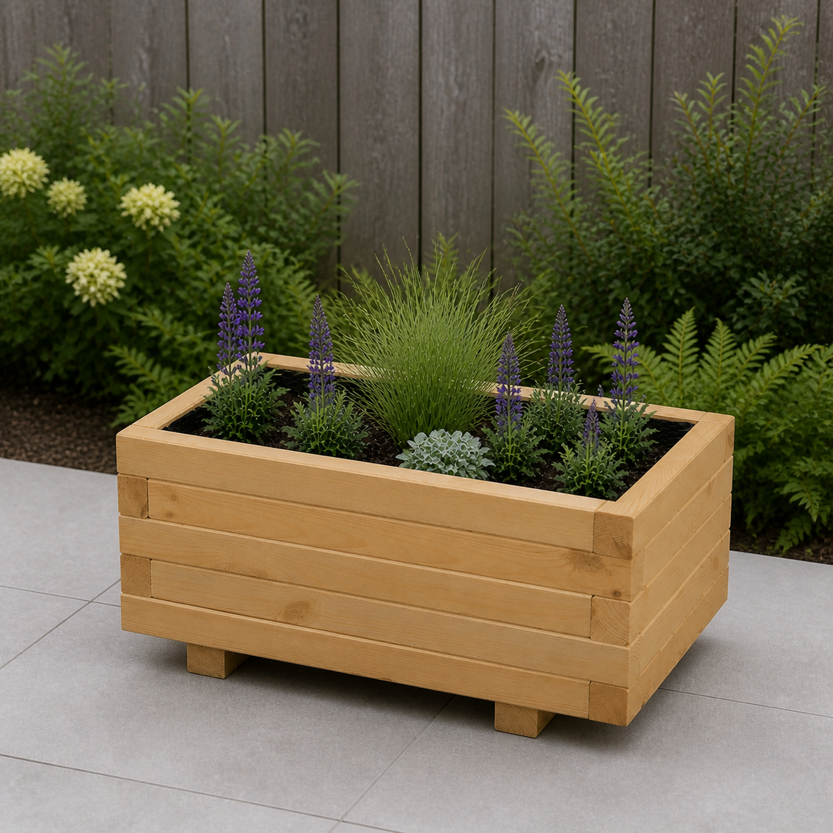 Houten plantenbak 60 cm light oak in een rustige tuinsituatie