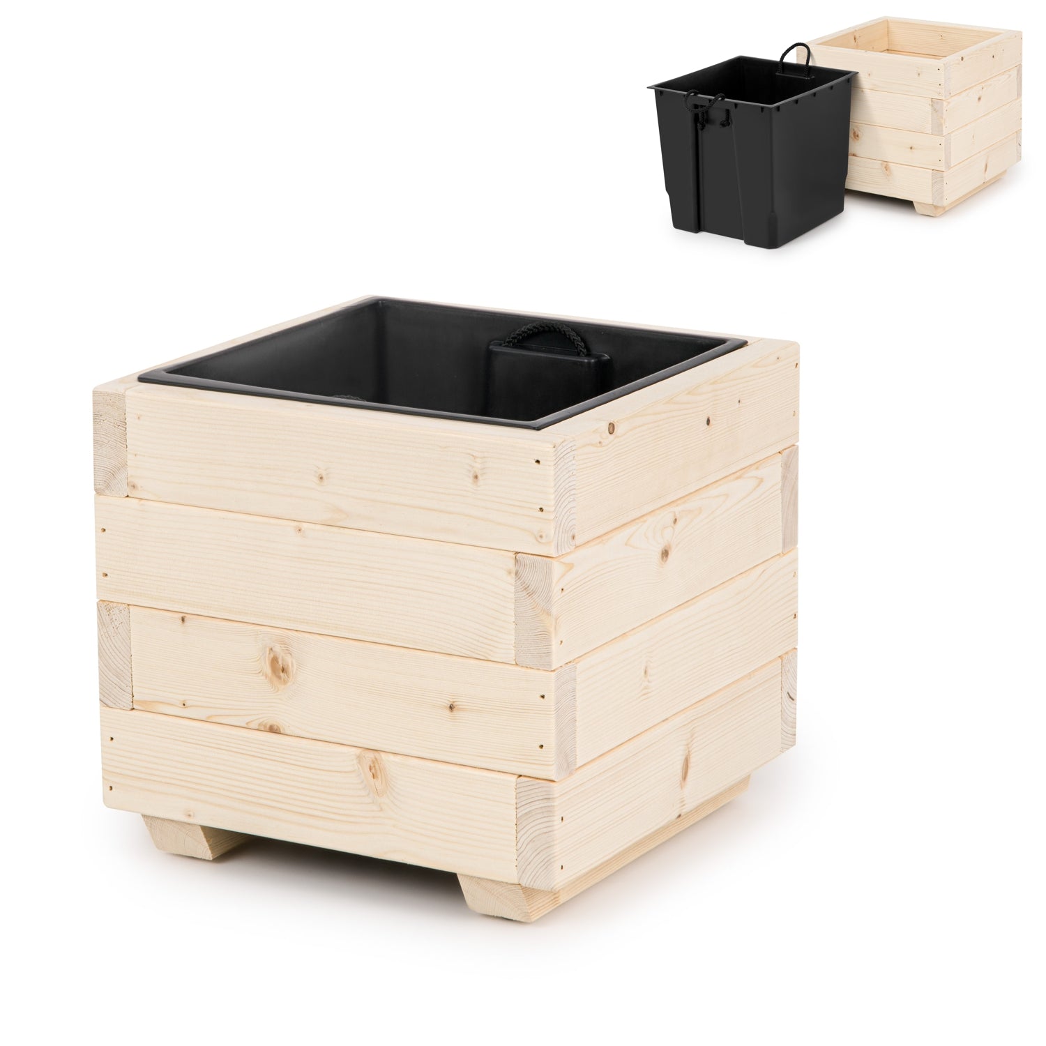 Vierkante houten plantenbak met binnenbak 33 cm in naturel hout