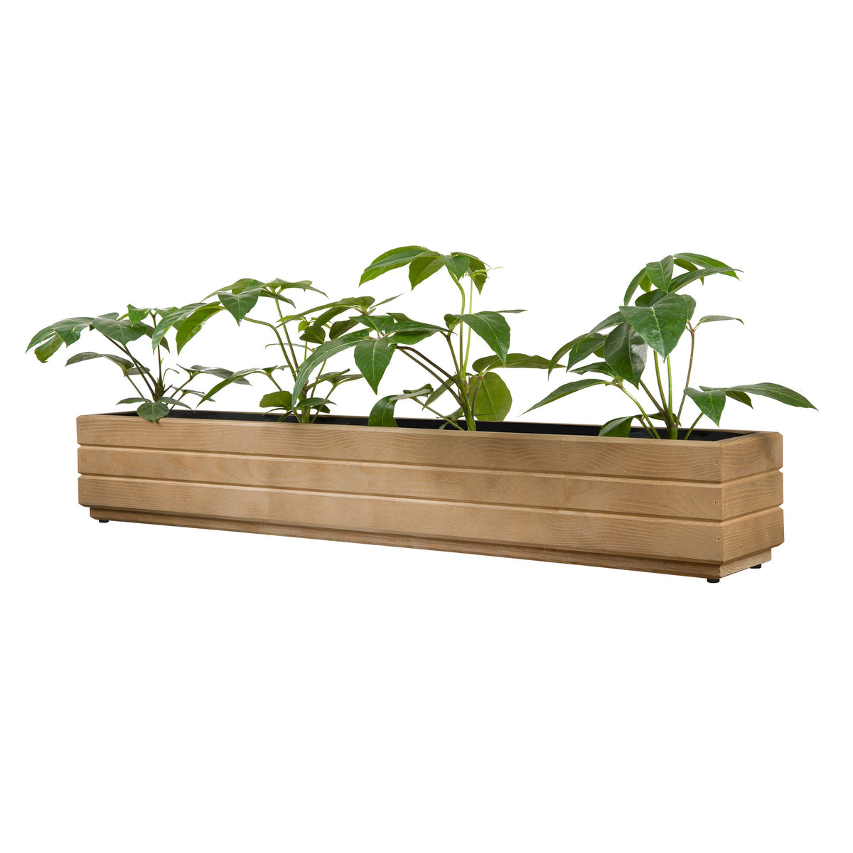 Houten plantenbak balkon 110 cm light oak met rustige groene beplanting op witte achtergrond