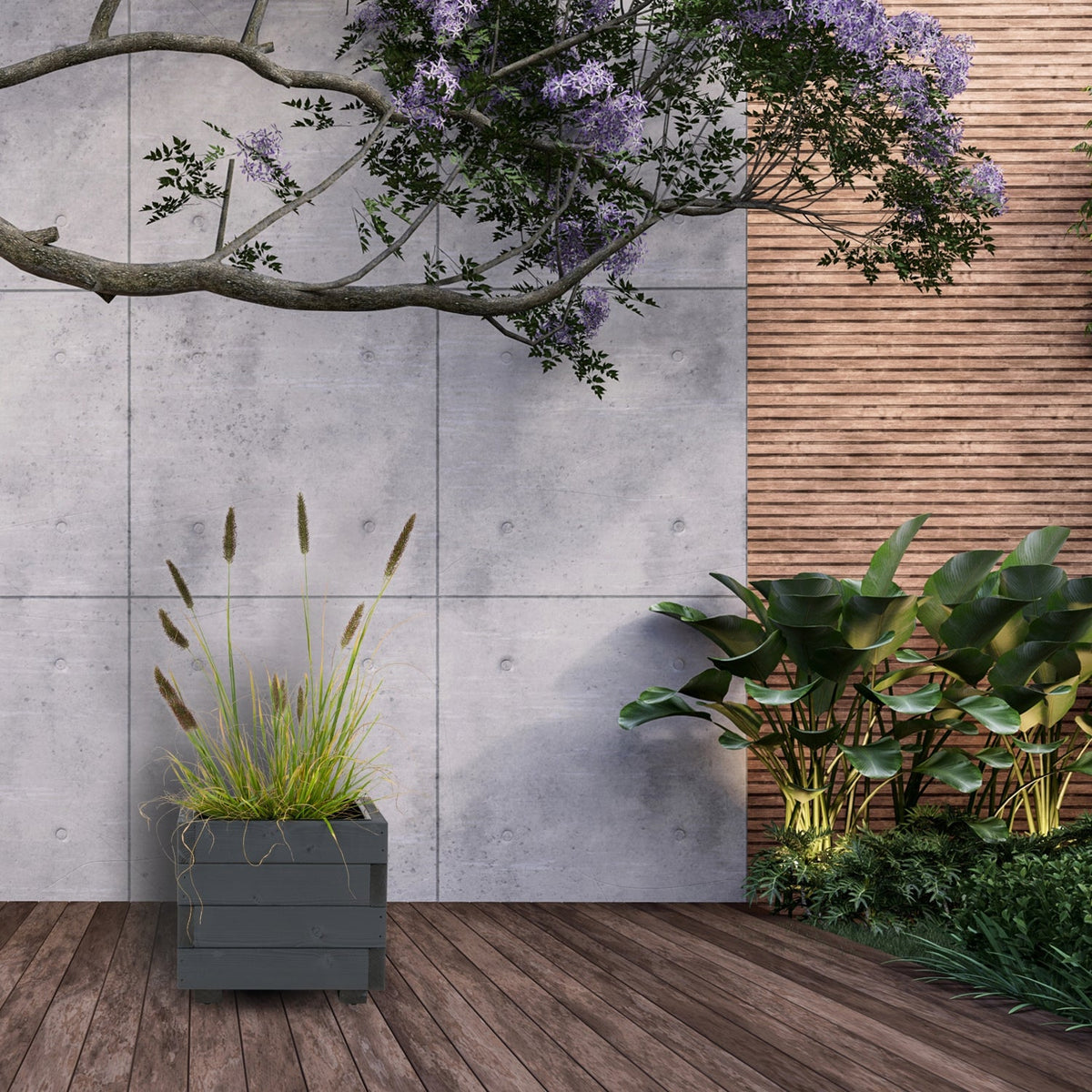 Houten plantenbak 33 cm in antraciet met echte beplanting in een tuinsituatie