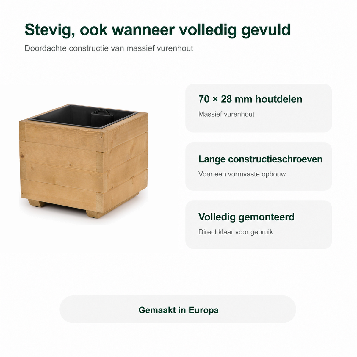 Stevige constructie van houten plantenbak 33 cm in light oak, volledig gemonteerd en gemaakt in Europa