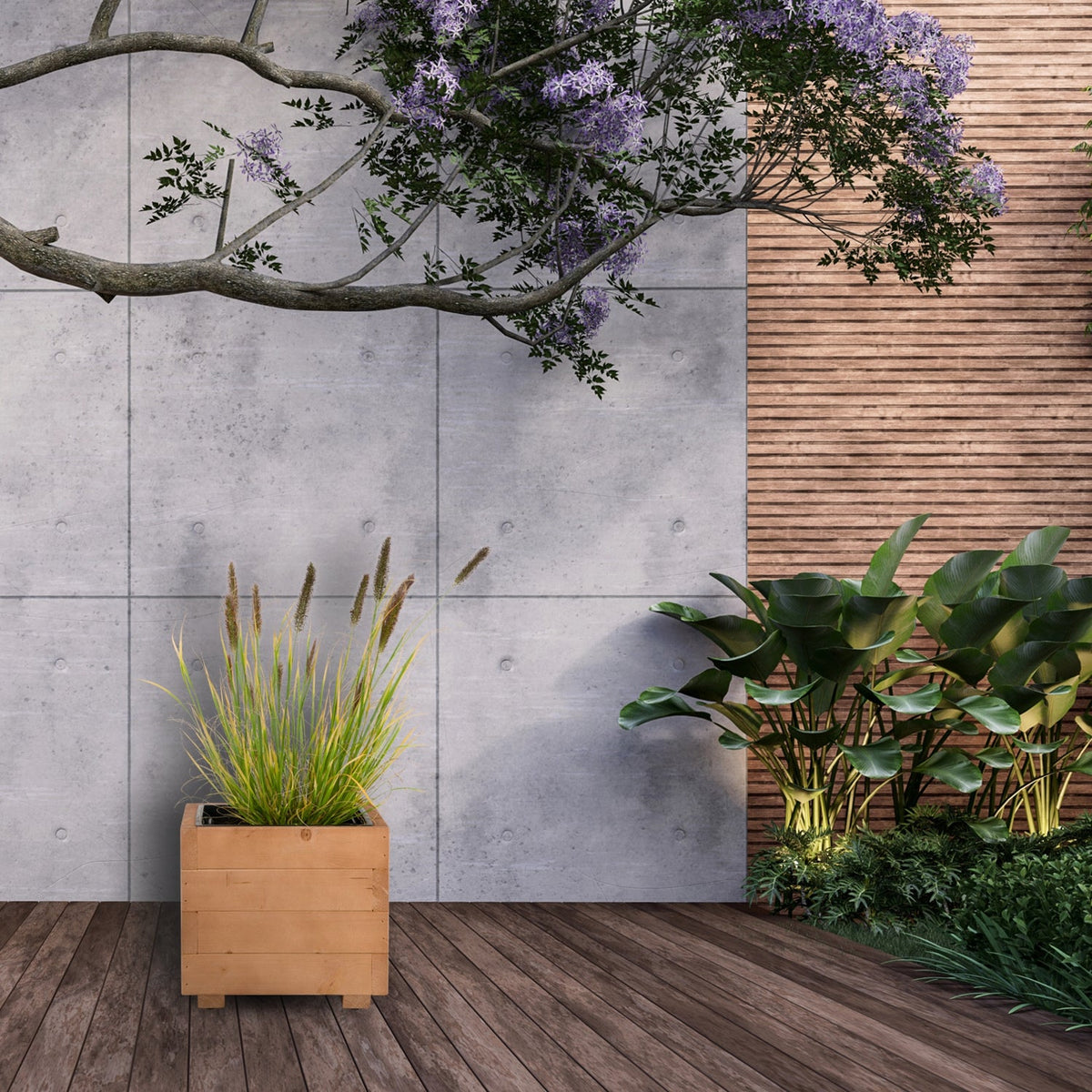 Houten plantenbak 33 cm in walnoot met echte beplanting in een tuinsituatie