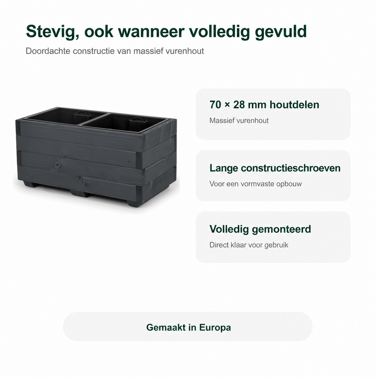 Stevige constructie van houten plantenbak 62 cm in antraciet, volledig gemonteerd en gemaakt in Europa