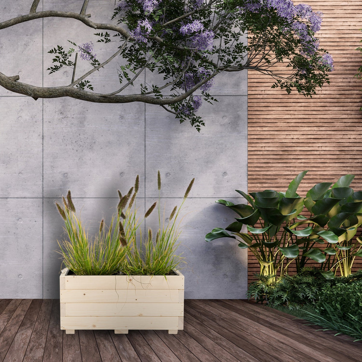 Houten plantenbak 62 cm in naturel met echte beplanting in een tuinsituatie