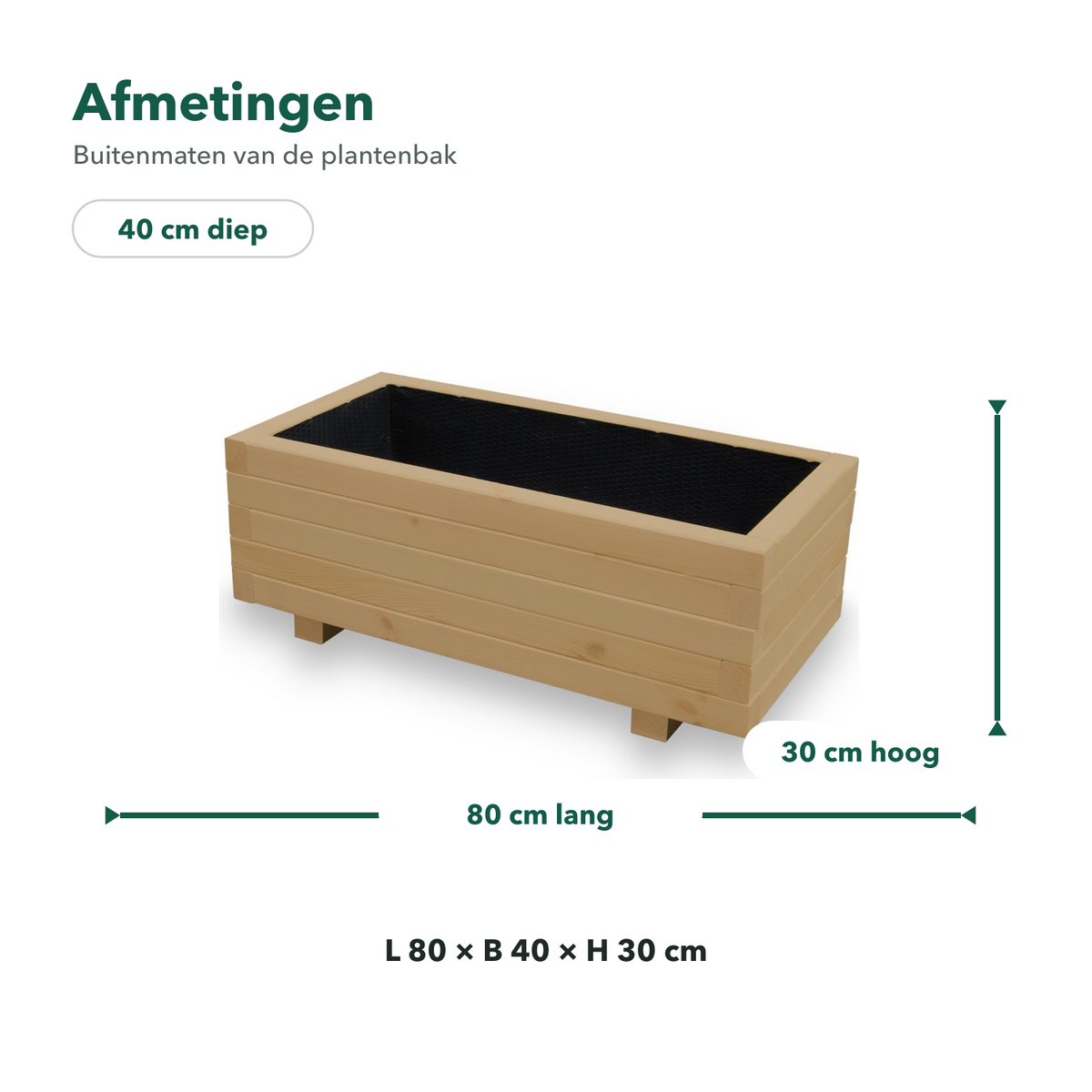 Afmetingen houten plantenbak 80 bij 40 bij 30 cm in light oak