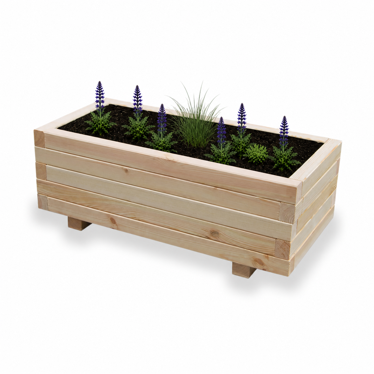 Houten plantenbak 80 cm in naturel hout met rustige beplanting op witte achtergrond