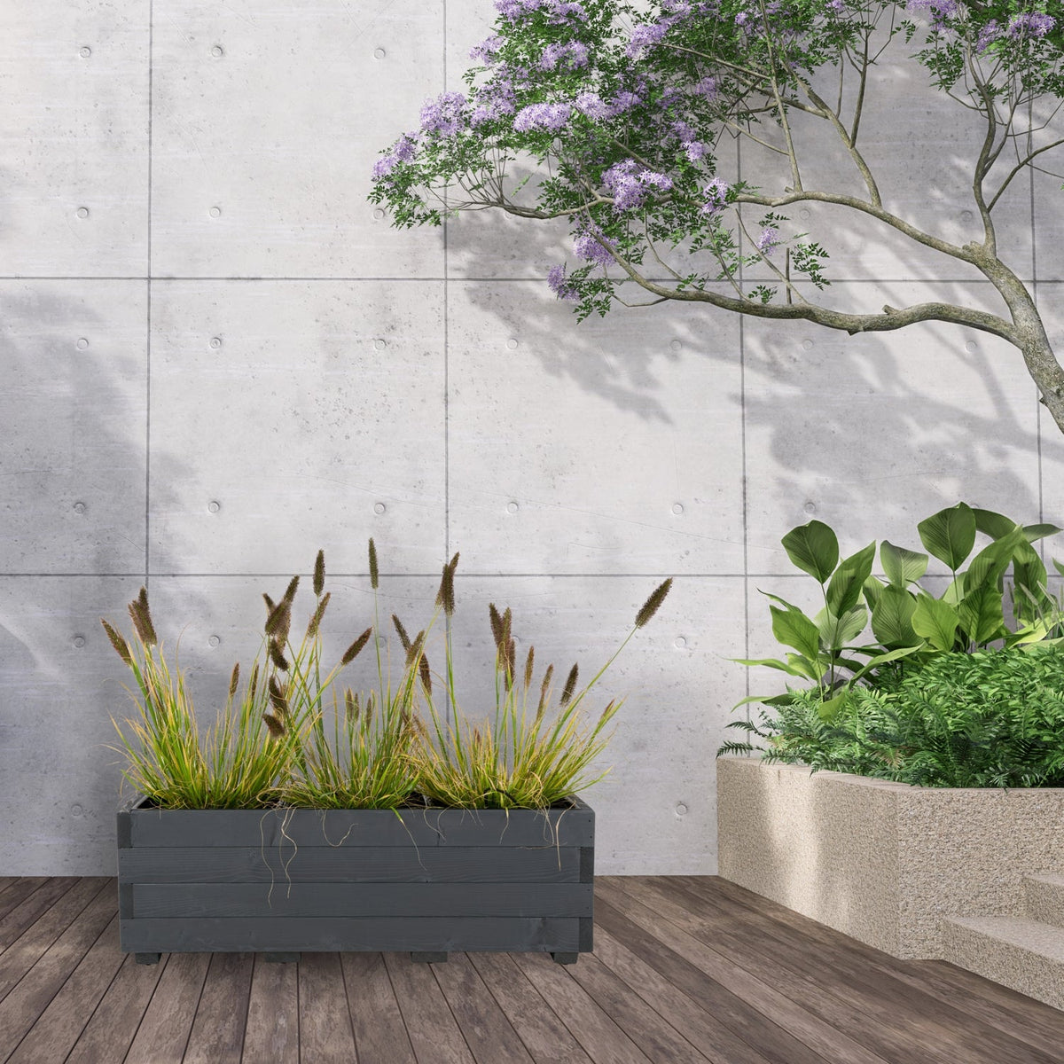 Houten plantenbak 91 cm in antraciet met echte beplanting in een tuinsituatie