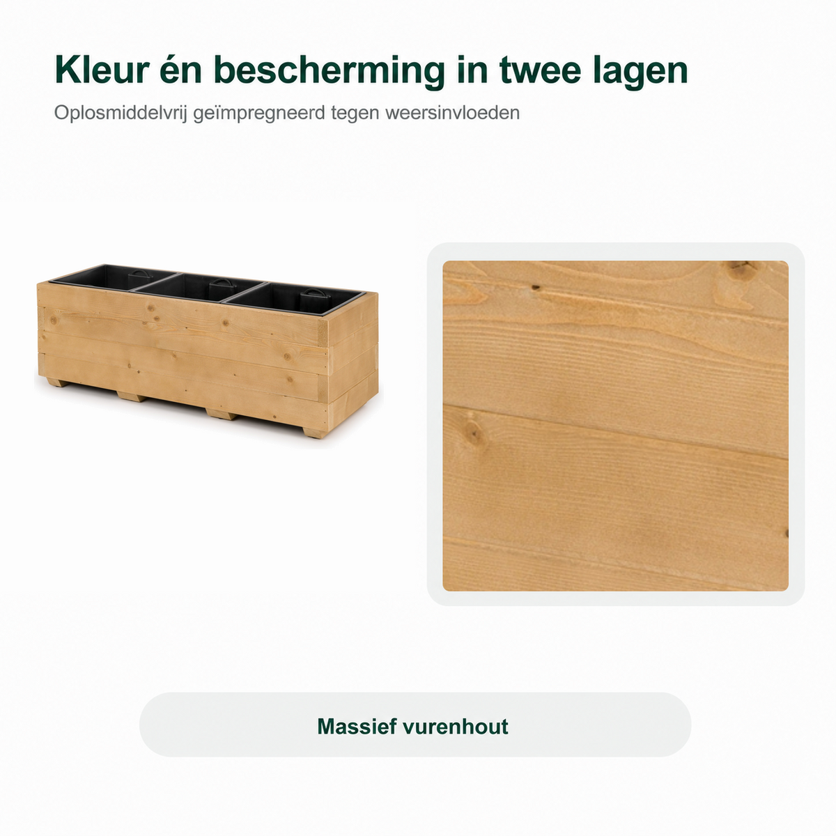 Detail van light oak plantenbak 91 cm: oplosmiddelvrij geïmpregneerd in twee lagen tegen weersinvloeden