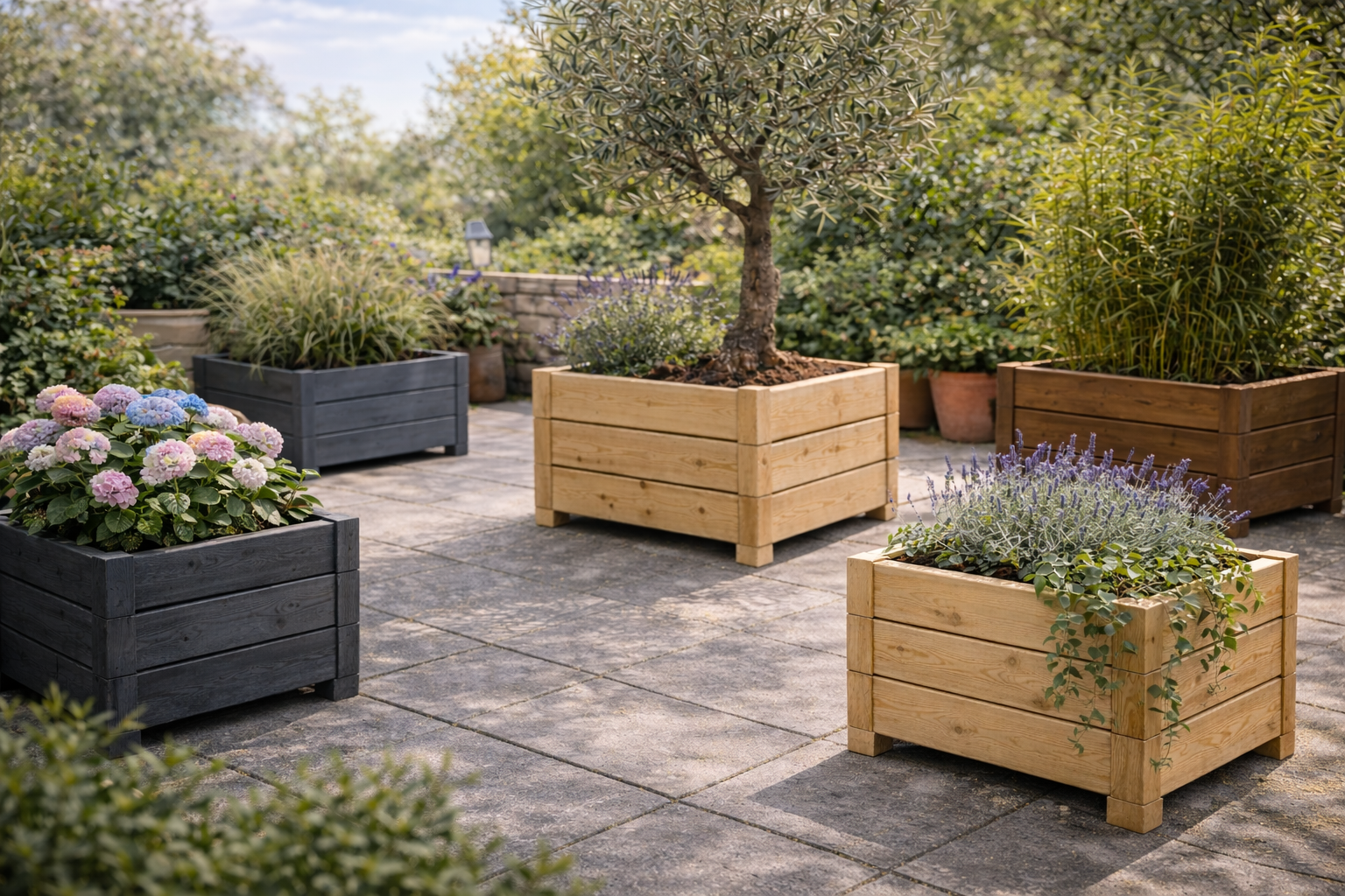 Vijf grote houten plantenbakken van Zweeds fijnsparhout gevuld met olijfboom, hortensia, siergras, bamboe en lavendel op een zonnig terras.
