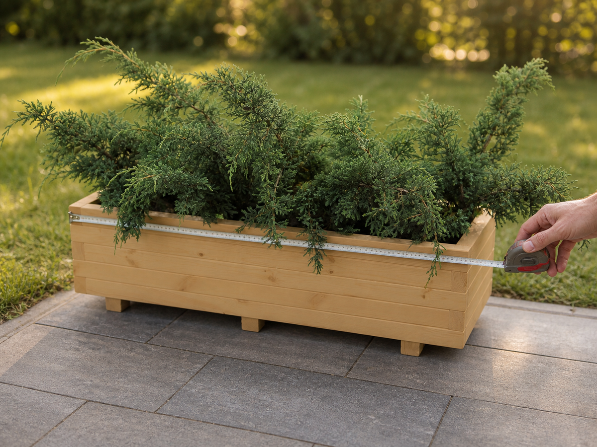 Honingeiken houten plantenbak van 120 cm wordt met een meetlint opgemeten op het terras