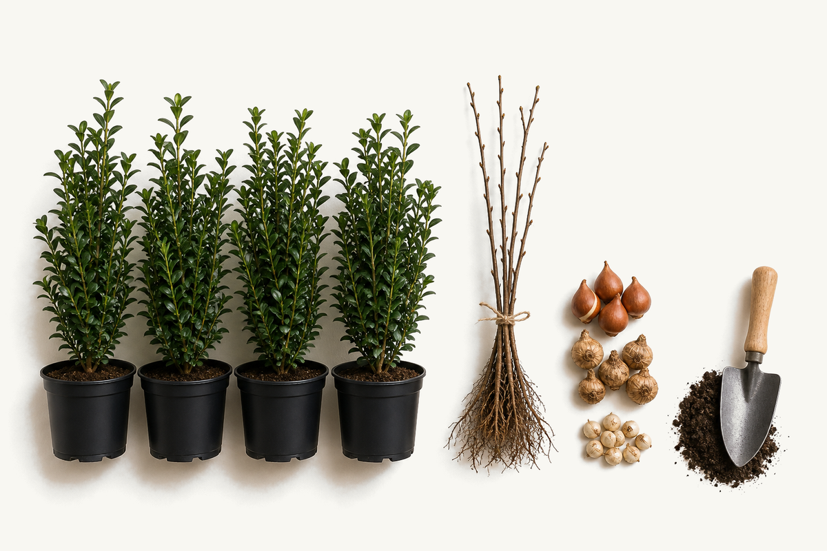 Vier jonge Euonymus 'Green Spire' als haag in kweekpot, een bundel haagplanten met blote wortel, tulpen-, narcis- en krokusbollen, plantschep en potgrond