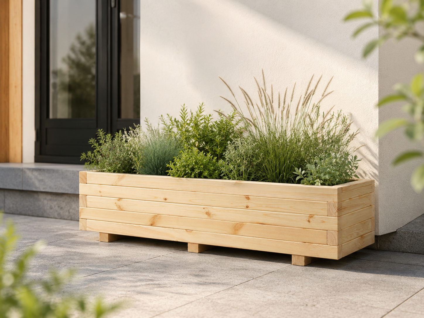 Houten plantenbak tegen een muur buiten