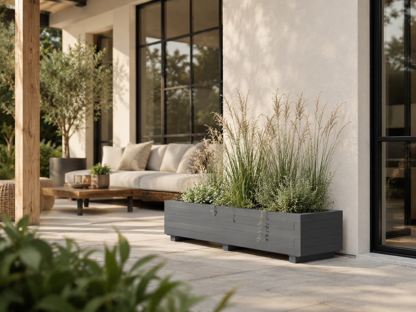 Houten plantenbakken buiten in de tuin