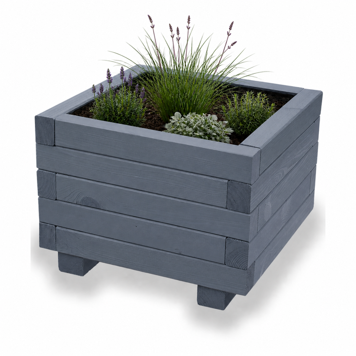 Houten plantenbak vierkant 40 cm antraciet met rustige beplanting 