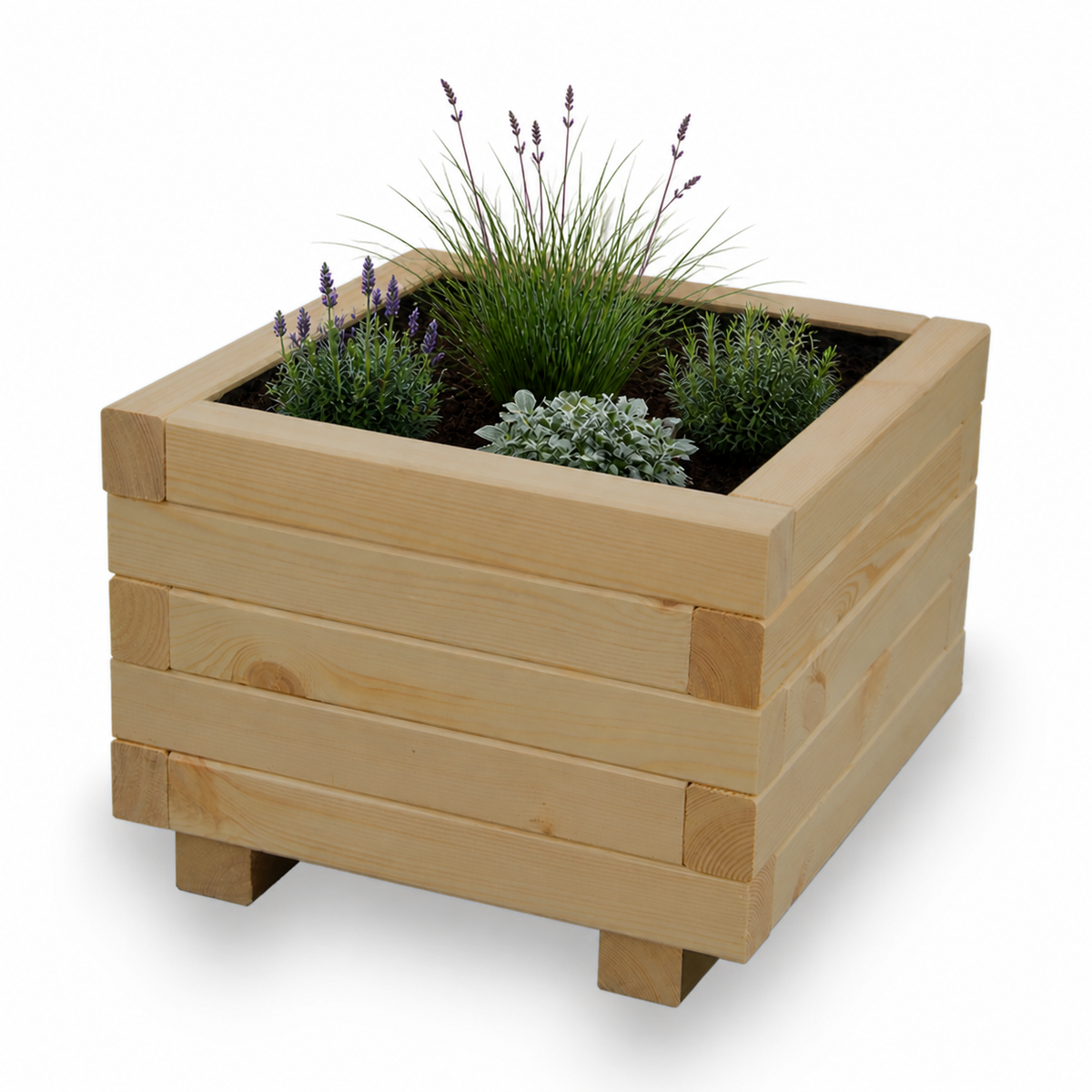 Houten plantenbak vierkant 40 cm light oak met rustige beplanting 