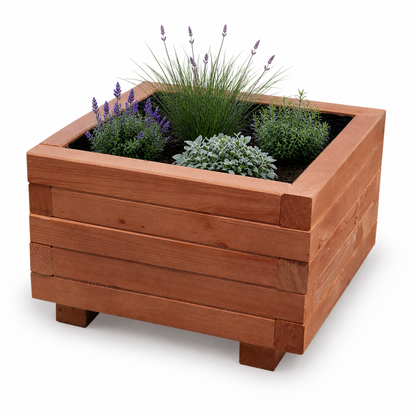 Houten plantenbak vierkant 40 cm walnoot met rustige beplanting 