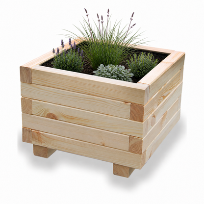 Houten plantenbak vierkant 40 cm naturel met rustige beplanting 