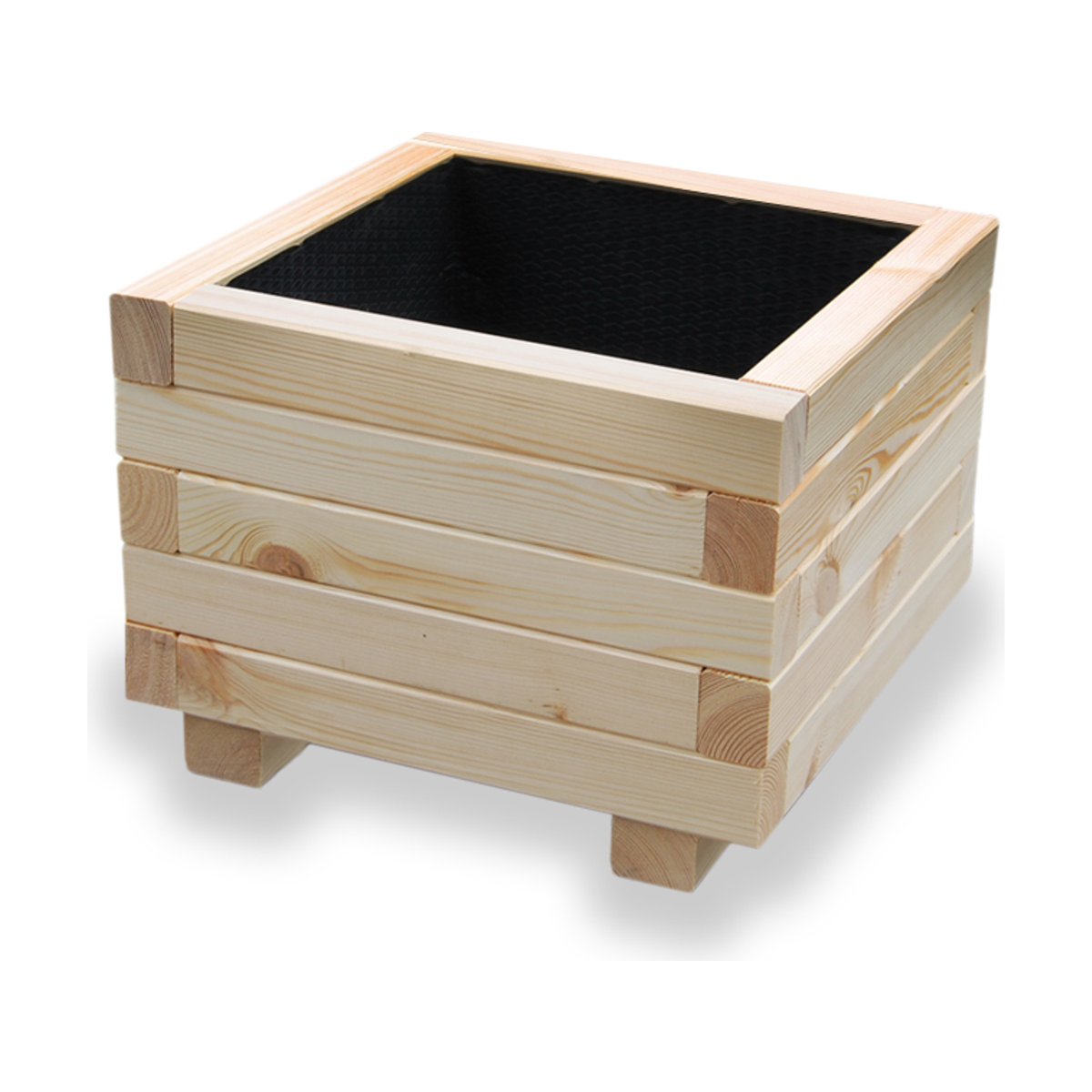 Houten plantenbak vierkant 40 cm naturel – product en binnenzijde 