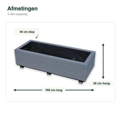 Afmetingen houten plantenbak 100 bij 40 bij 30 cm antraciet 