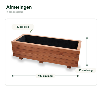 Afmetingen houten plantenbak 100 bij 40 bij 30 cm walnoot 