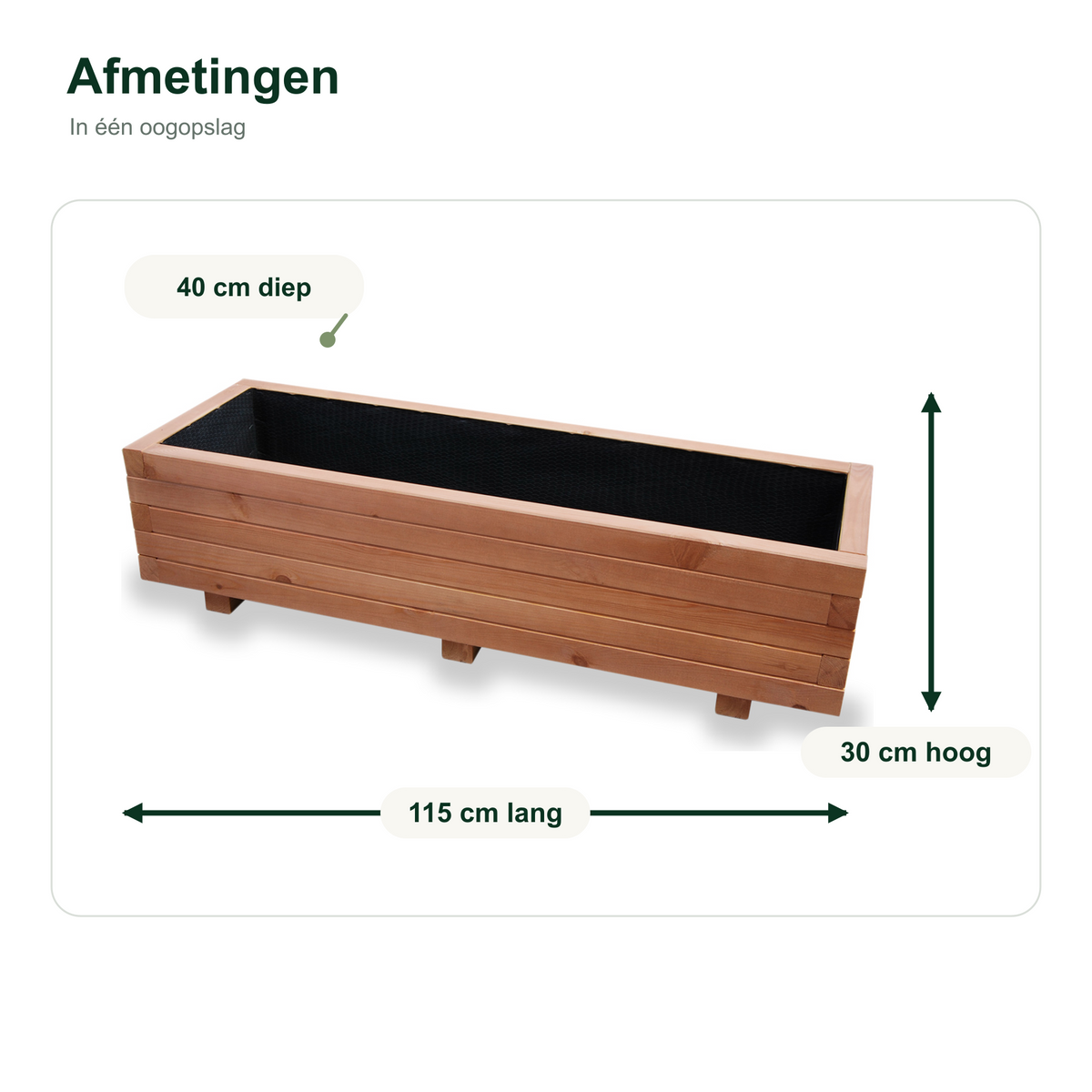 Afmetingen houten plantenbak 115 bij 40 bij 30 cm walnoot 