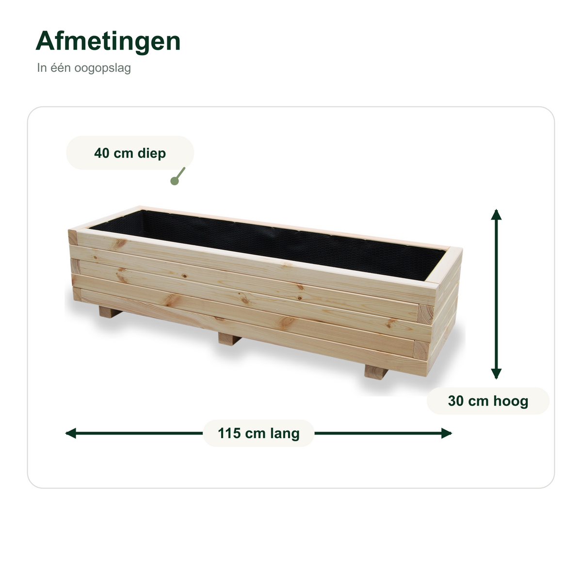 Afmetingen houten plantenbak 115 bij 40 bij 30 cm naturel 