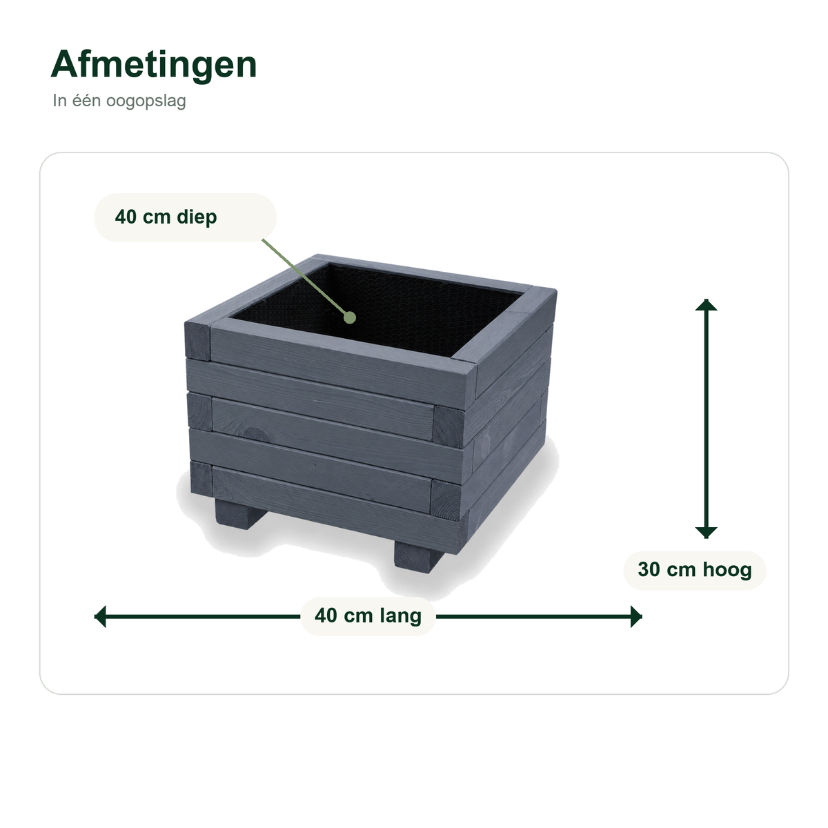 Afmetingen houten plantenbak vierkant 40 cm antraciet 