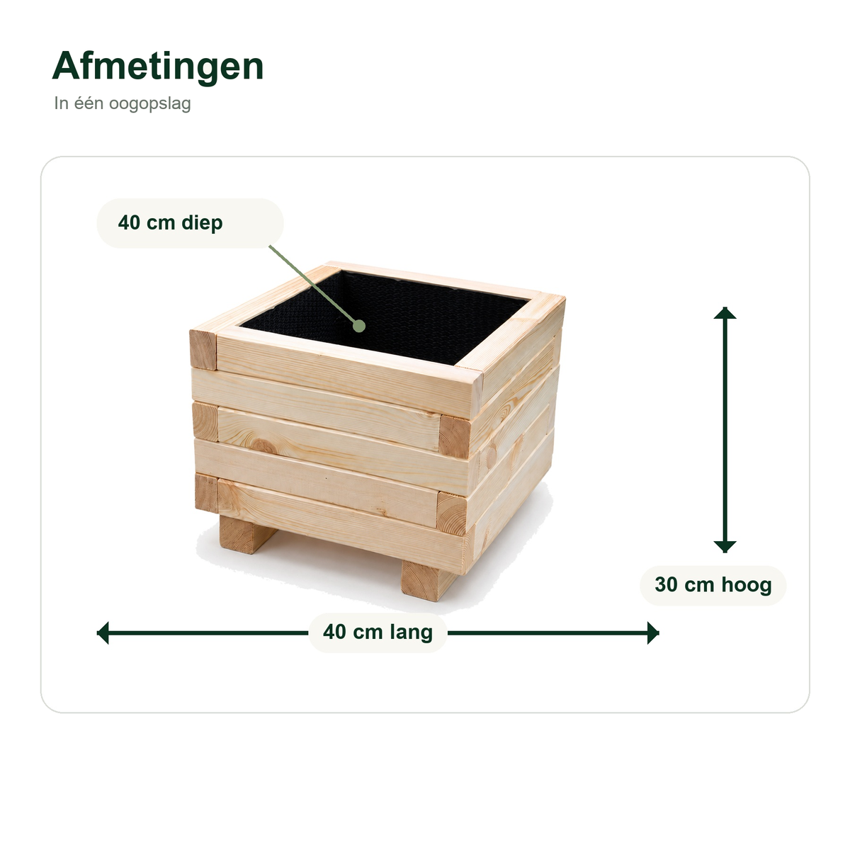 Afmetingen houten plantenbak vierkant 40 cm naturel 