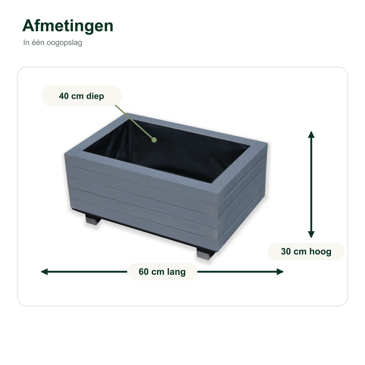 Afmetingen houten plantenbak 60 bij 40 bij 30 cm antraciet 