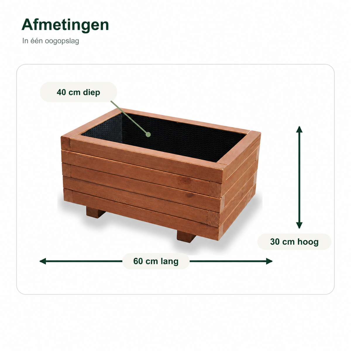 Afmetingen houten plantenbak 60 bij 40 bij 30 cm walnoot 