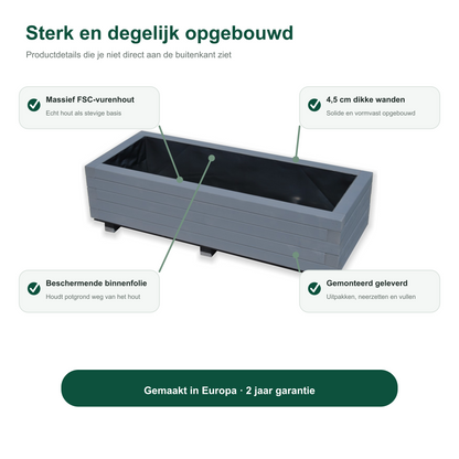 Constructie en Europese herkomst van de houten plantenbak 100 cm antraciet 