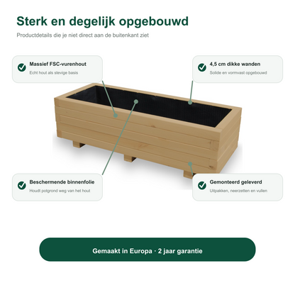 Constructie en Europese herkomst van de houten plantenbak 100 cm light oak 