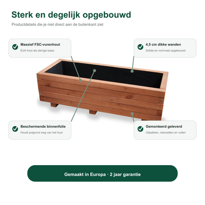 Constructie en Europese herkomst van de houten plantenbak 100 cm walnoot 