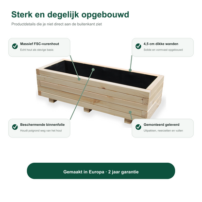 Constructie en Europese herkomst van de houten plantenbak 100 cm naturel 