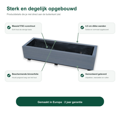 Constructie en Europese herkomst van de houten plantenbak 115 cm antraciet 