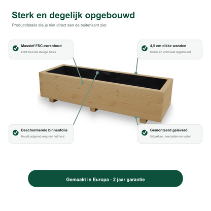 Constructie en Europese herkomst van de houten plantenbak 115 cm light oak 