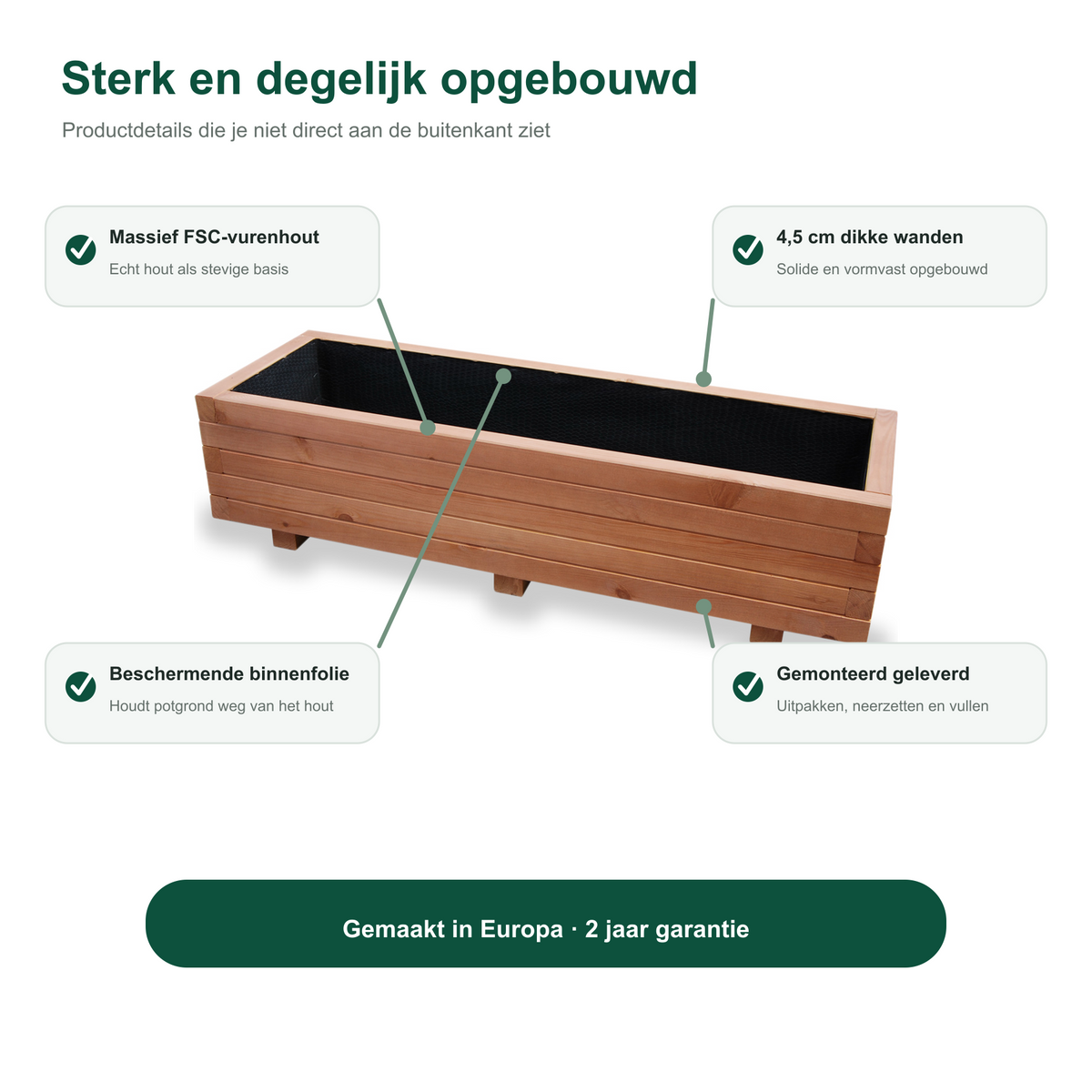 Constructie en Europese herkomst van de houten plantenbak 115 cm walnoot 