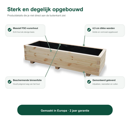 Constructie en Europese herkomst van de houten plantenbak 115 cm naturel 