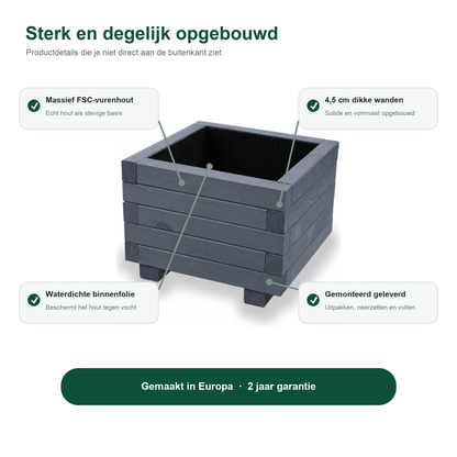 Constructie en Europese herkomst van de houten plantenbak 40 cm antraciet 