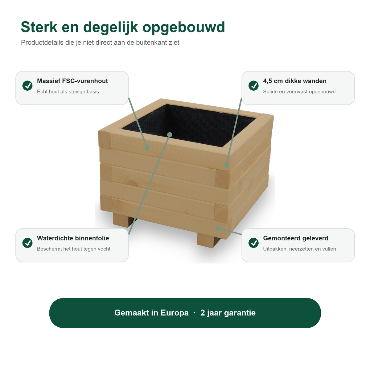 Constructie en Europese herkomst van de houten plantenbak 40 cm light oak 